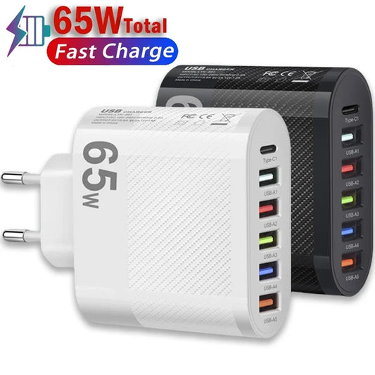 65W PD USB Charger 6 Ports USB Type C Charge